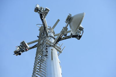 Low angle view of traditional windmill against clear blue sky