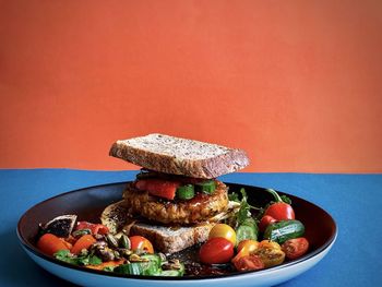 High angle view of food served in plate