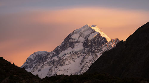 Scenic view of snowcapped mountains against sky during sunset