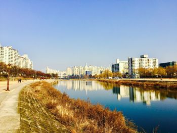 City at waterfront against clear sky