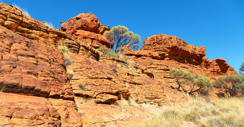 Low angle view of rock formations against blue sky