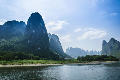 Scenic view of river and mountains against sky