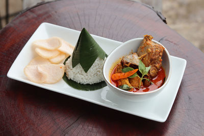 High angle view of food served on table