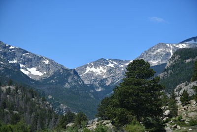 Scenic view of snowcapped mountains against clear blue sky