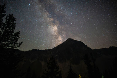 Low angle view of silhouette mountain against sky at night