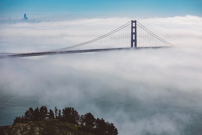 View of suspension bridge against cloudy sky