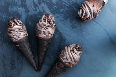 High angle view of chocolate cake on ice