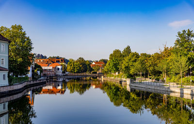 Scenic view of lake against clear blue sky