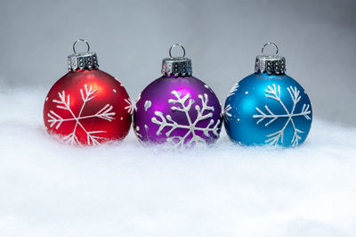 Close-up of christmas decorations on snow