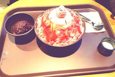 High angle view of ice cream on table