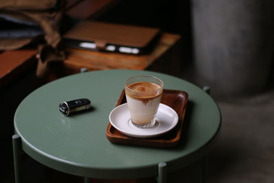 Close-up of coffee served on table