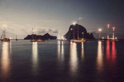 View of harbor at night