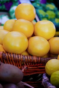 Close-up of fruits in basket for sale