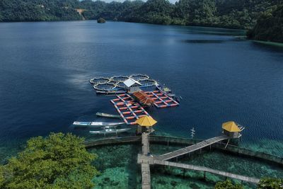 High angle view of nautical vessel on lake