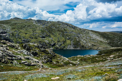 Scenic view of lake and mountains against sky