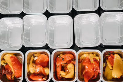 Pre-portioned gourmet roasted bell peppers in trays