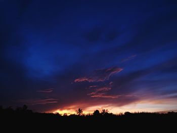 Silhouette trees on field against dramatic sky