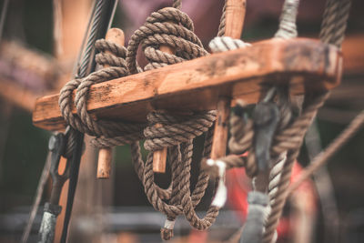 Close-up of ropes tied on boat