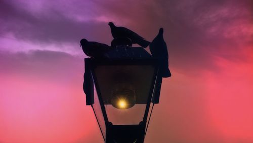 Low angle view of illuminated street light against orange sky