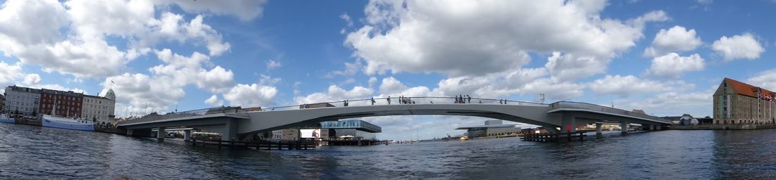Panoramic view of bridge over river against sky in city