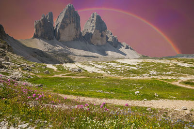 View of tre cime di laveredo with rianbow, three spectacular mountain peaks in tre cime di lavaredo