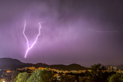 Panoramic view of lightning in sky at night