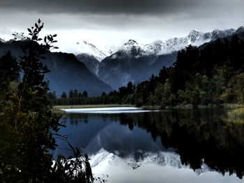 Scenic view of lake and mountains against sky