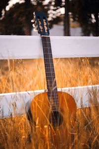 Close-up of guitar on grassy land