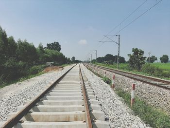 Railroad tracks against clear sky