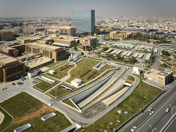 High angle view of buildings in city