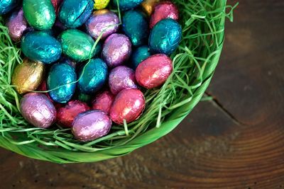 High angle view of colorful easter eggs in basket on table