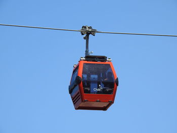 Low angle view of overhead cable car against sky