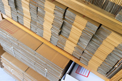 High angle view of books on table