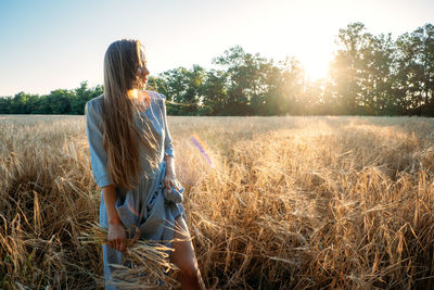 Ukrainian young woman holding wheat crop on field during sunny day. faceless portrait of