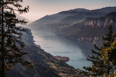 Scenic view of lake and mountains against sky at sunset