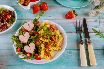 High angle view of meal served on table