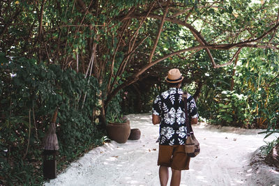 Rear view of woman walking on footpath amidst trees