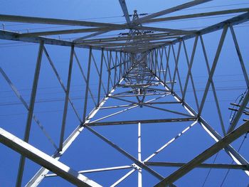 Low angle view of electricity pylon against blue sky