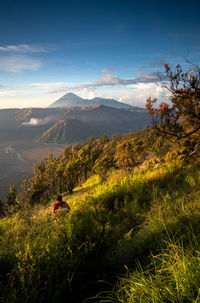 Scenic view of landscape and mountains against sky