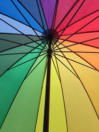 Low angle view of multi colored umbrella against blue sky
