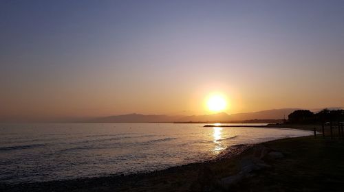 Scenic view of sea against clear sky during sunset