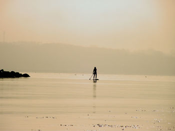Silhouette person paddleboarding on sea