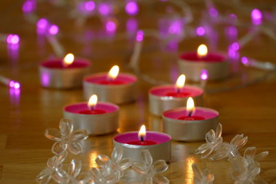 Close-up of lit candles in temple