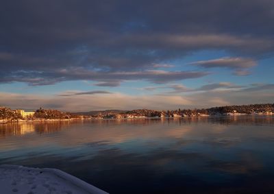 Scenic view of lake against sky during winter