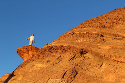 Low angle view of bird on rock formation against clear blue sky