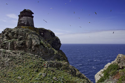Birds flying over abandoned zenobito tower at arcipelago toscano national park against sky