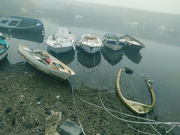 High angle view of boats moored in sea