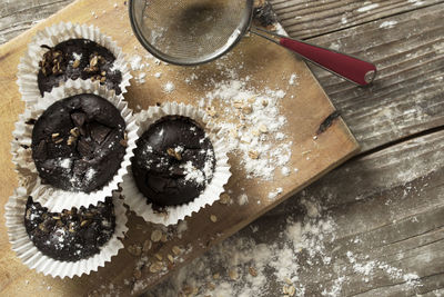 High angle view of cupcakes on table