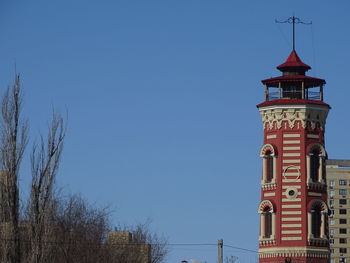 Low angle view of building against clear blue sky