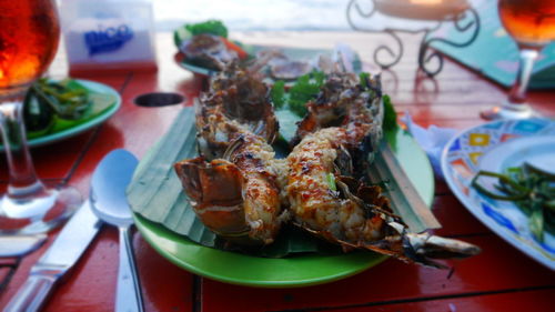 Close-up of seafood in plate on table